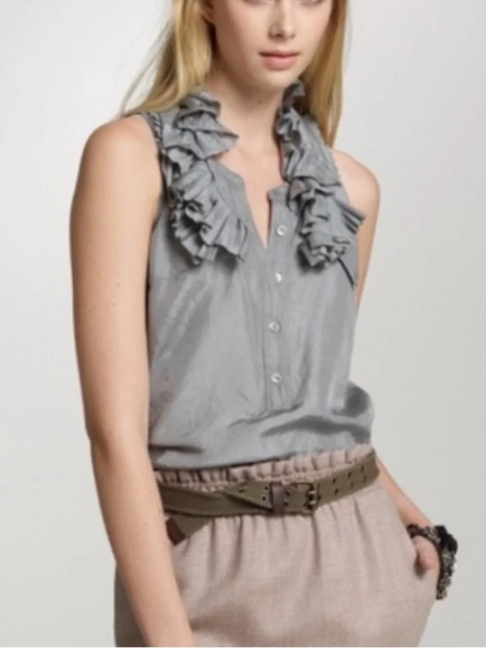 J. Crew 100% Silk Calista Ruffle-Trim Sleeveless Button Front Top in Aluminum